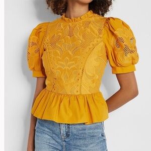 NWT Express Golden Embroidered Lace Puff Sleeve Blouse